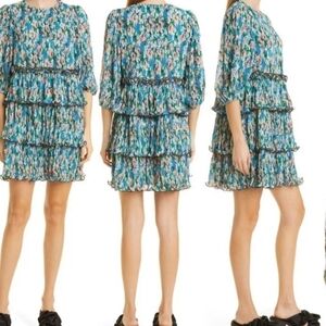Ganni Floral Layered Plissé Georgette Dress - Floral Azure Blue Size 44 US NWT